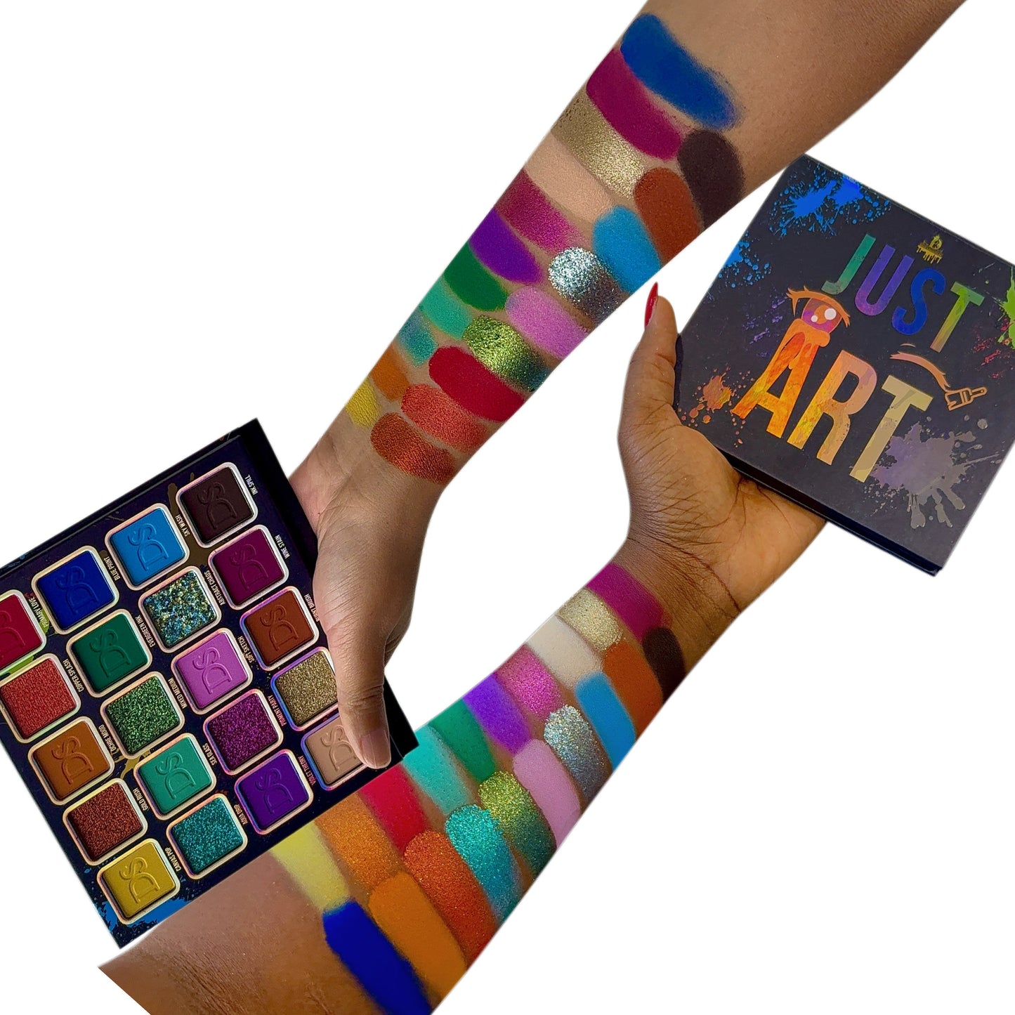 Open Just Art palette held beside arm swatches on two skin tones and the box, white background