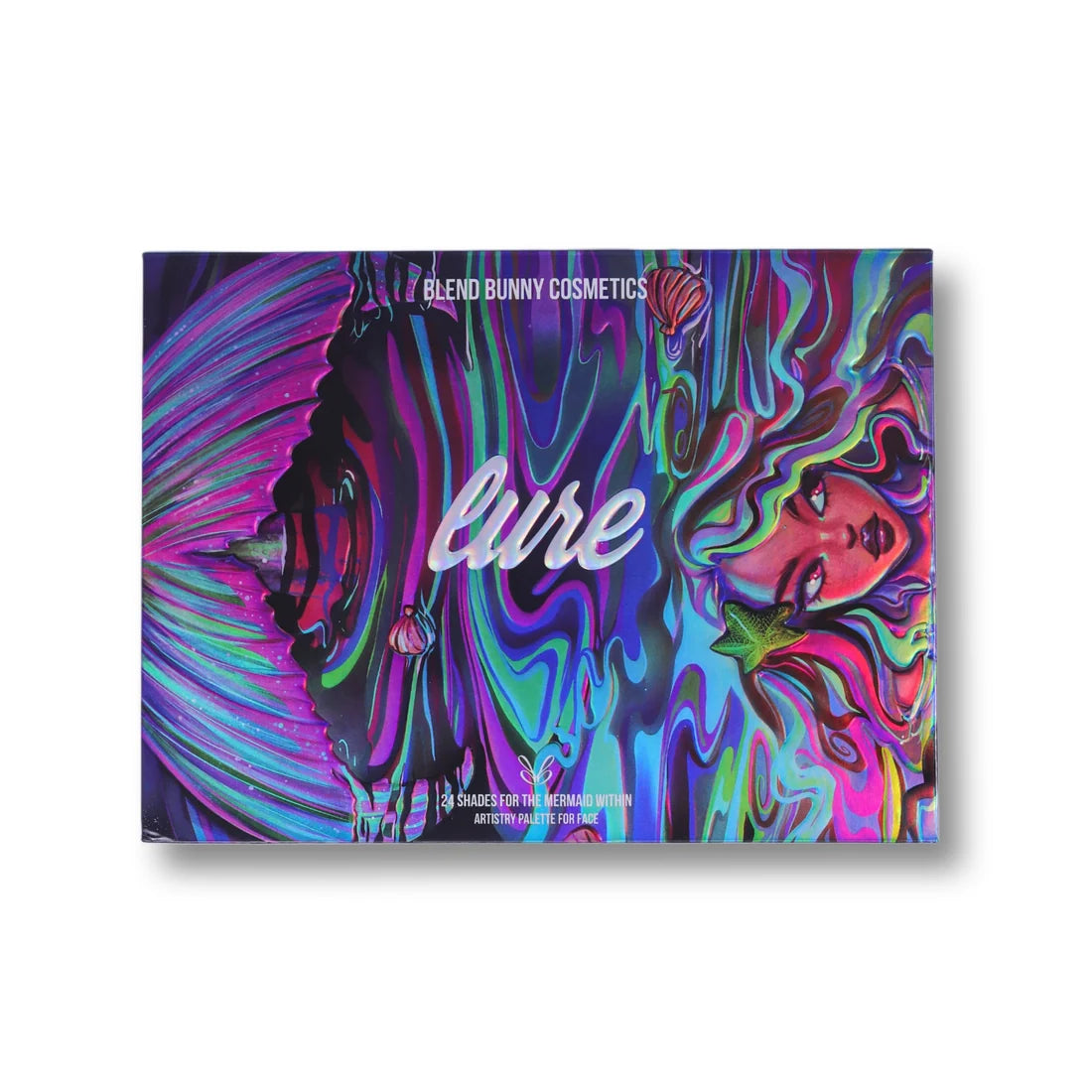 Lure palette closed on white, illustrated mermaid and shells in swirling teal, magenta and green with the line 24 shades for the mermaid within