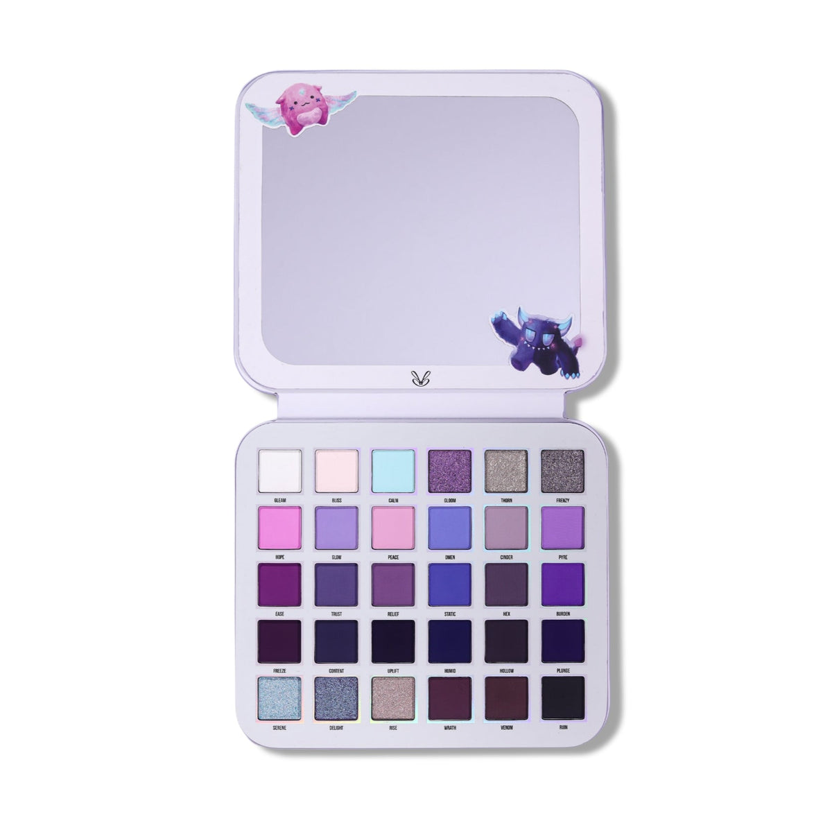 Gleam x Gloom palette open flat, mirror lid with the pink winged Gleam and dark horned Gloom mascots above thirty labelled pans.