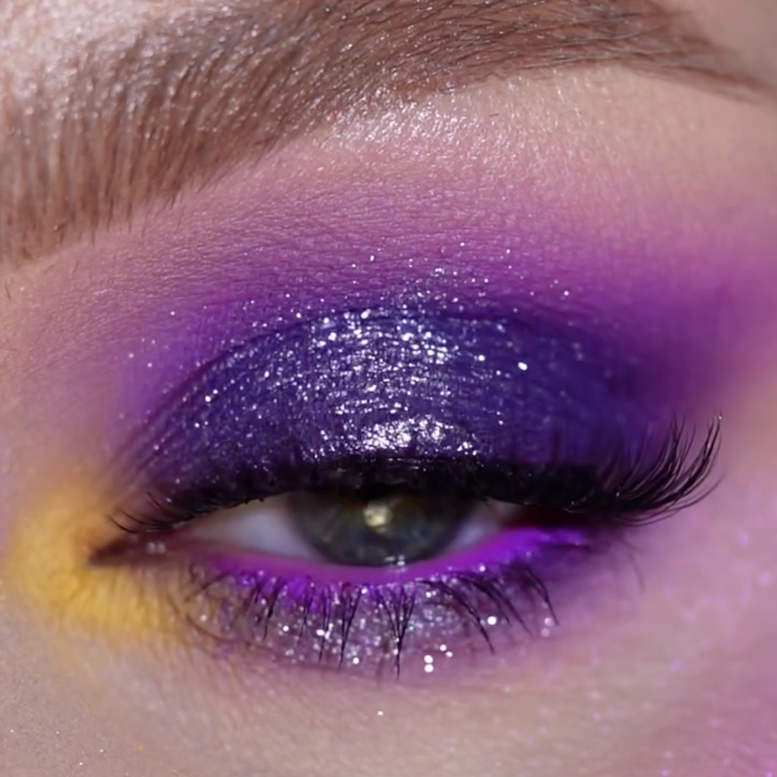 Eye look using the Lavender Fields palette, sparkling violet and purple lid with a yellow inner corner