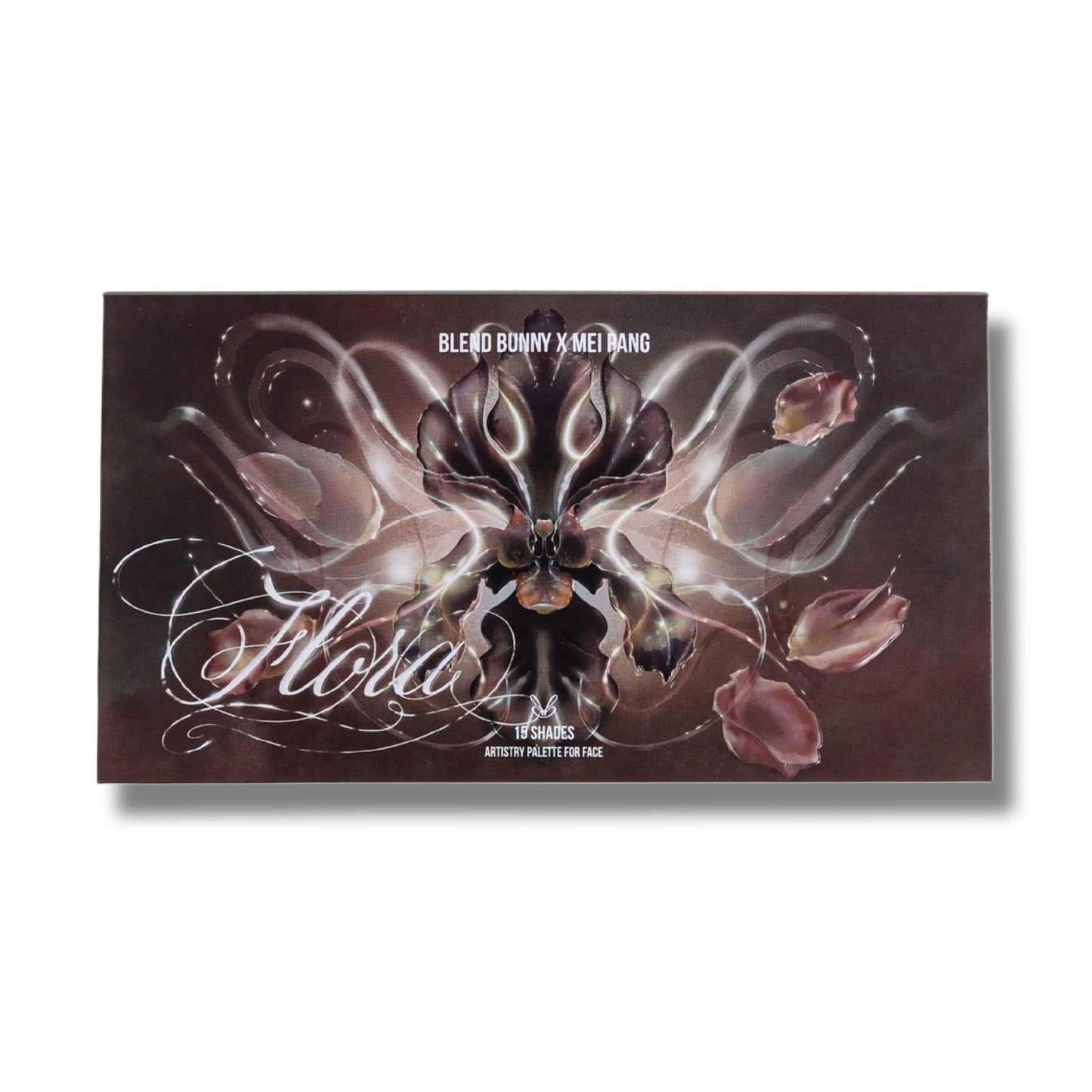 Flora palette closed, dark brown box with surreal floral cover art and Blend Bunny x Mei Pang lettering