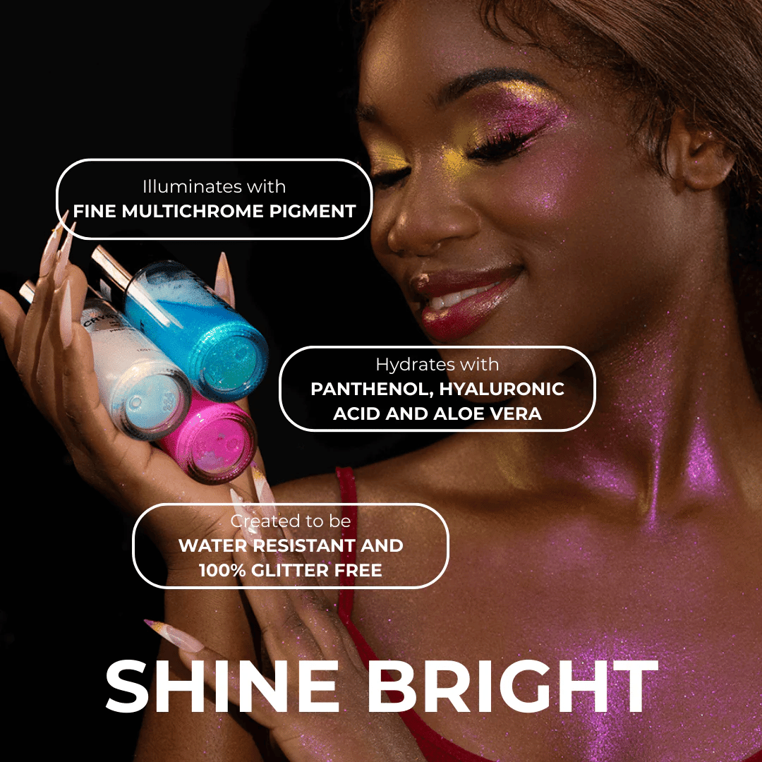 Deep skin tone model with pink and gold shimmer holding teal, white and pink bottles, with water resistant and glitter free callouts.
