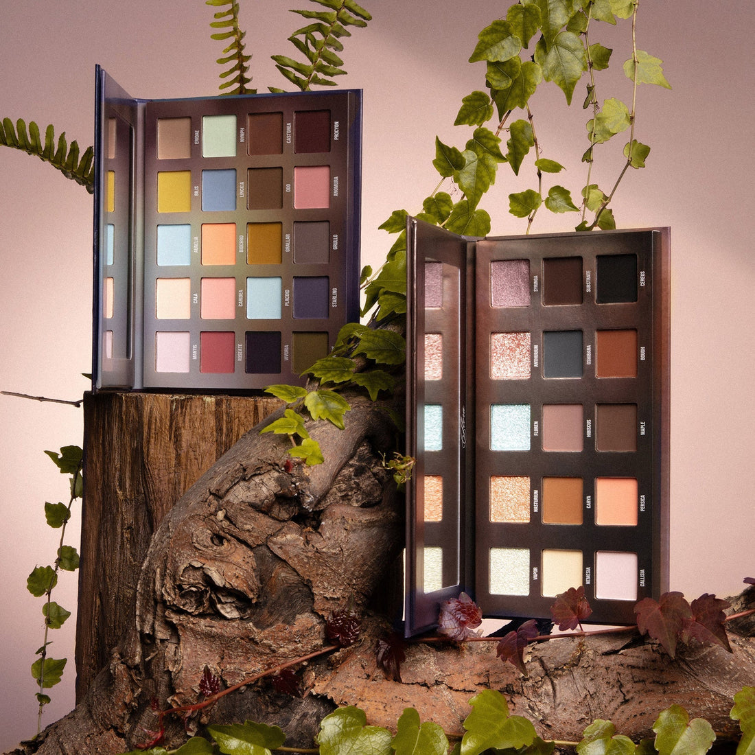 Flora and Fauna palettes by Blend Bunny x Mei Pang open together on a mossy tree stump with trailing ivy