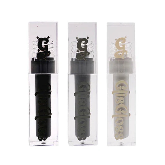 Glisten Cosmetics Glis Gloss lip gloss bundle in three cool-toned shades: Grey Area (light grey), Veil (dark grey), and Liquorice (black)