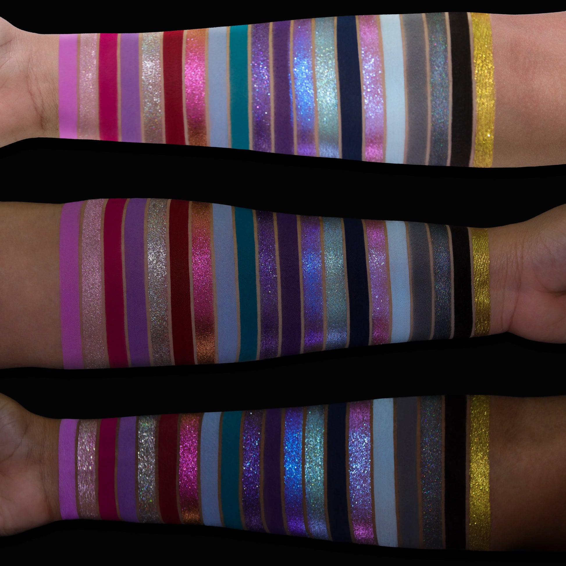 Wicked Widow Beauty Rocky Horror Show palette swatches on three skin tones showing all 20 shades including pinks, purples, teals, glitters, and gold