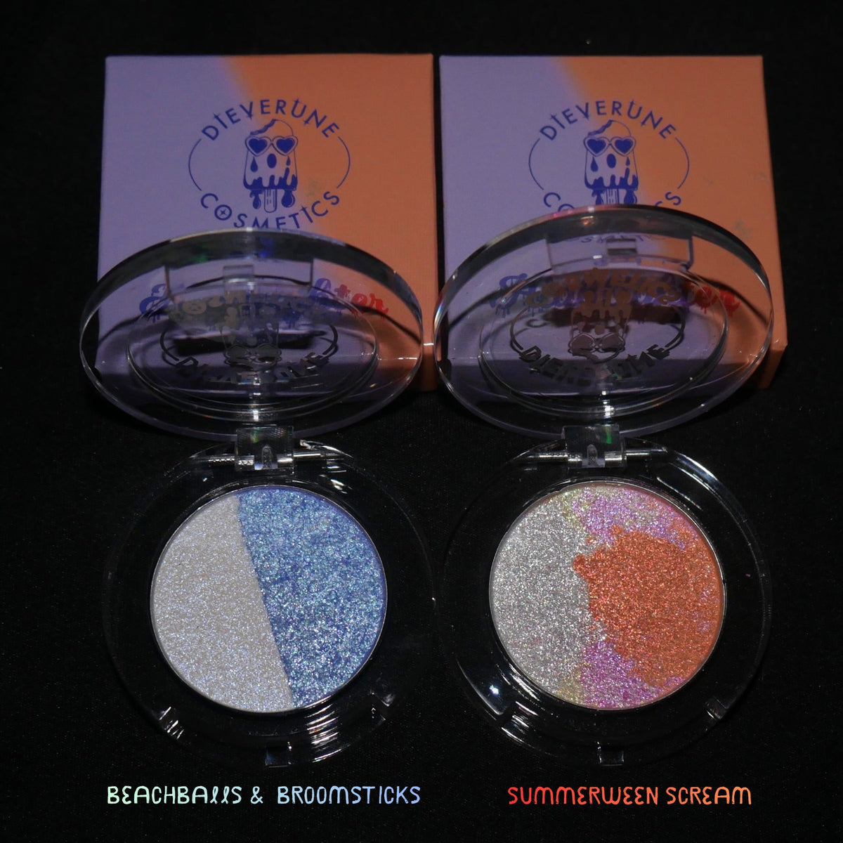 Both compacts and their boxes on black, labelled Beachballs and Broomsticks and Summerween Scream.