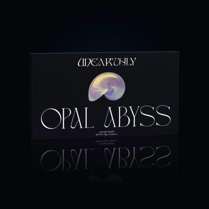 Unearthly Cosmetics Opal Abyss palette closed, black box with iridescent nautilus shell illustration and Opal Abyss lettering