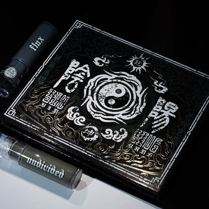 BellaBeauteBar Yin & Yang x Freya86_ff eyeshadow palette cover with gold-embossed Chinese artwork and Yin Yang symbol, alongside two Flux liquid eyeshadow tubes
