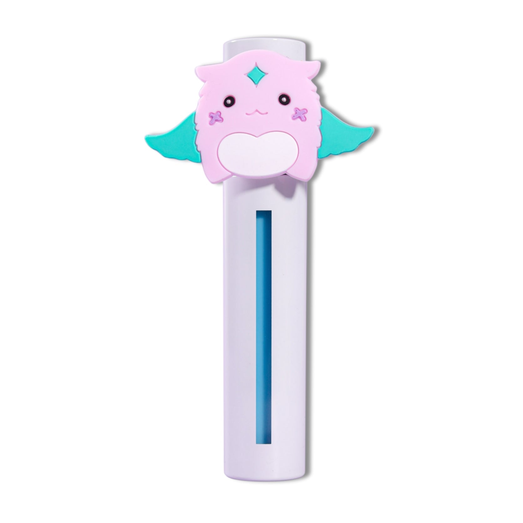 Wish lip milk tube capped with the pink Gleam mascot topper, blue product visible through the window.