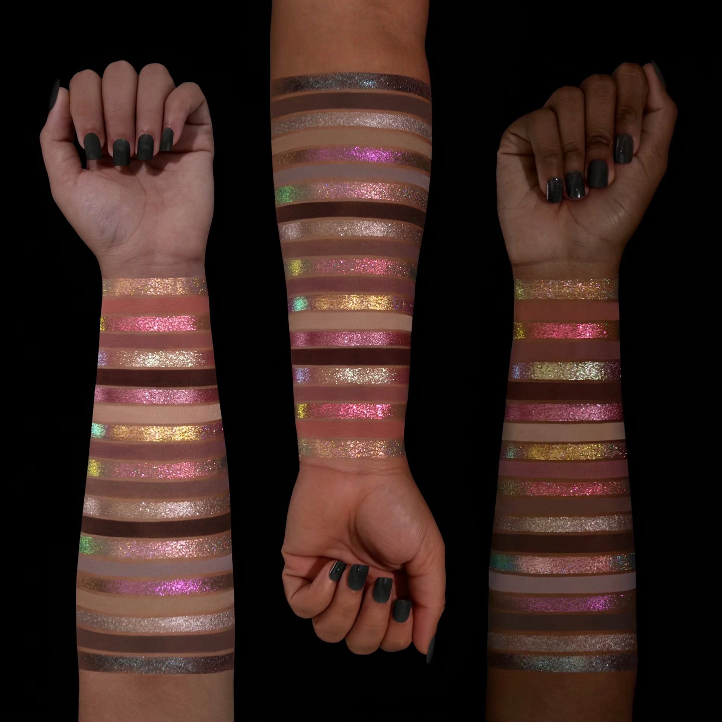 Cold Moon palette - all 21 shades swatched on three skin tones, showing the full range of multichromes, holochromes, mattes, and shimmers