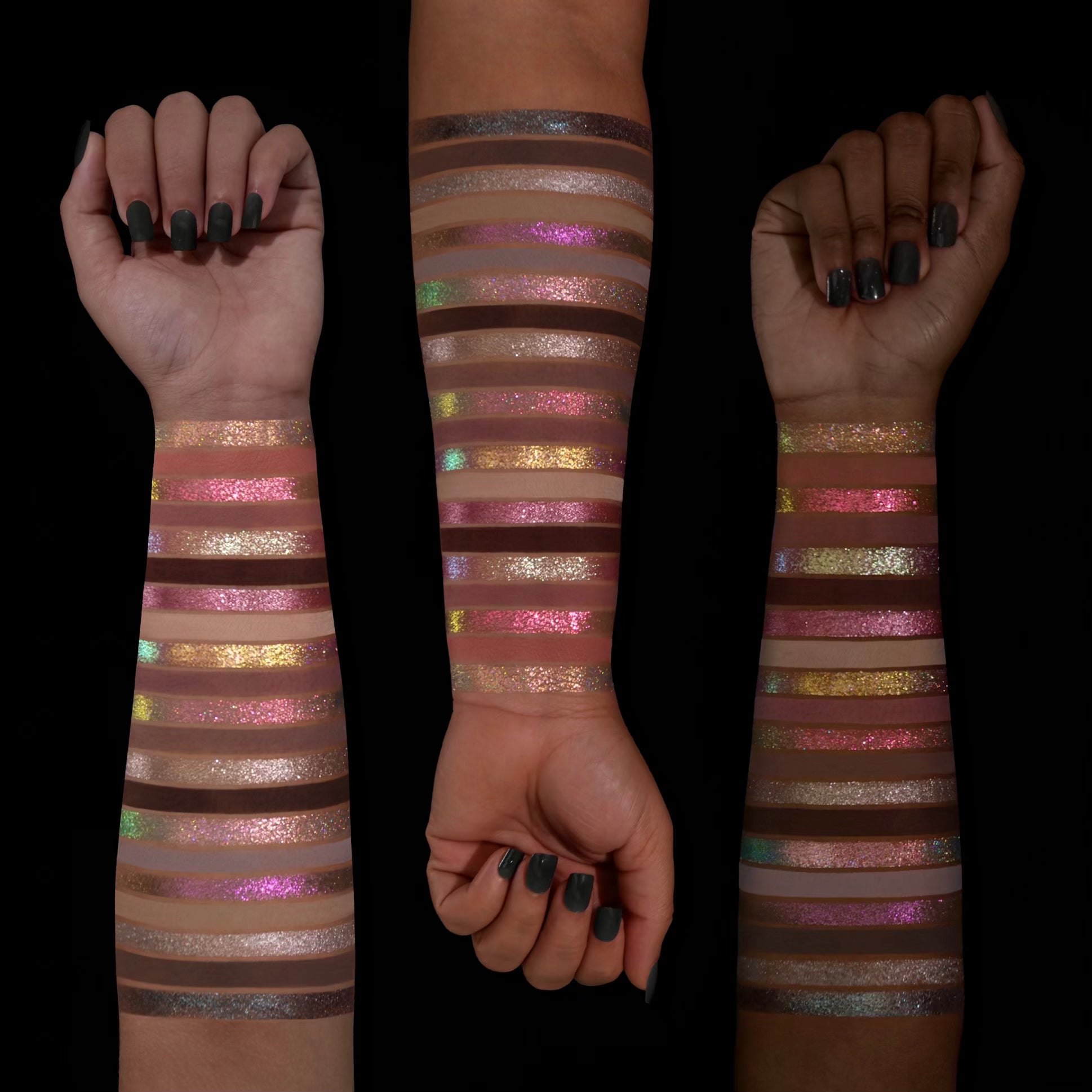 Cold Moon palette - all 21 shades swatched on three skin tones, showing the full range of multichromes, holochromes, mattes, and shimmers