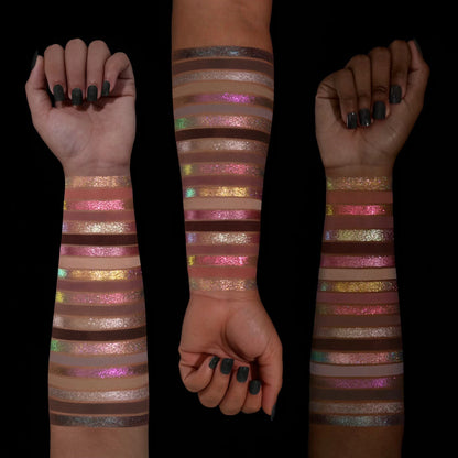 Cold Moon palette - all 21 shades swatched on three skin tones, showing the full range of multichromes, holochromes, mattes, and shimmers