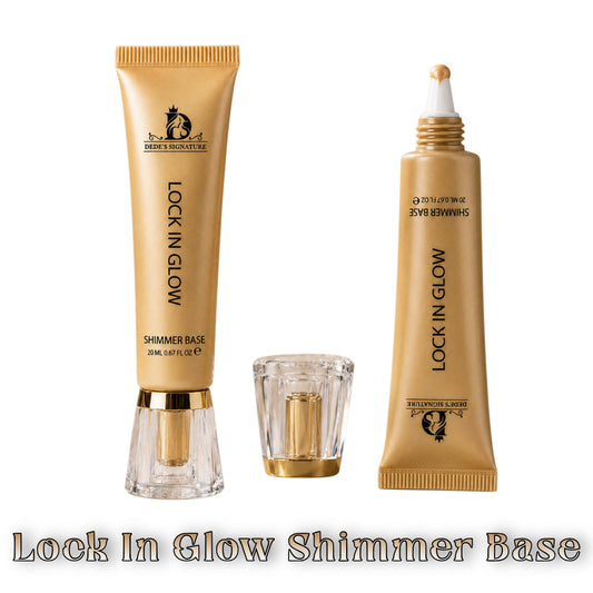 Dede's Signature Lock in Glow shimmer base, two gold tubes with a clear faceted cap, labelled shimmer base 20 mL, 0.67 fl oz