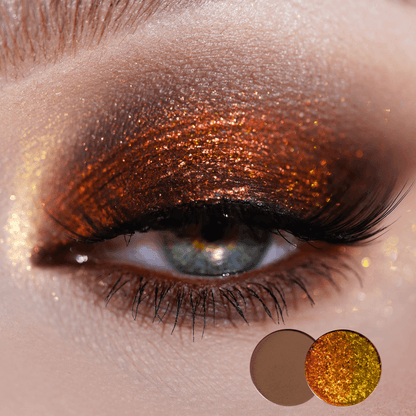 Close-up of a green eye with copper orange shimmer and brown matte crease, two round shade dots in the corner showing the pair used.