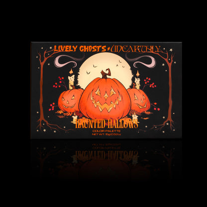 Haunted Hallows palette by Unearthly Cosmetics closed, black box with three carved jack-o-lanterns, bare trees and a full moon, Lively Ghosts x Unearthly across the top