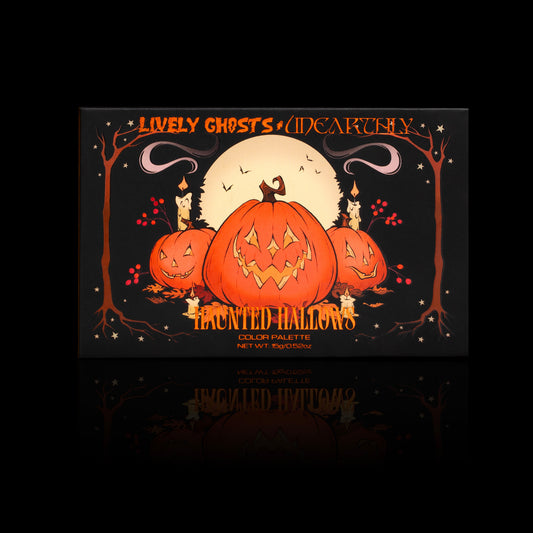 Haunted Hallows palette by Unearthly Cosmetics closed, black box with three carved jack-o-lanterns, bare trees and a full moon, Lively Ghosts x Unearthly across the top