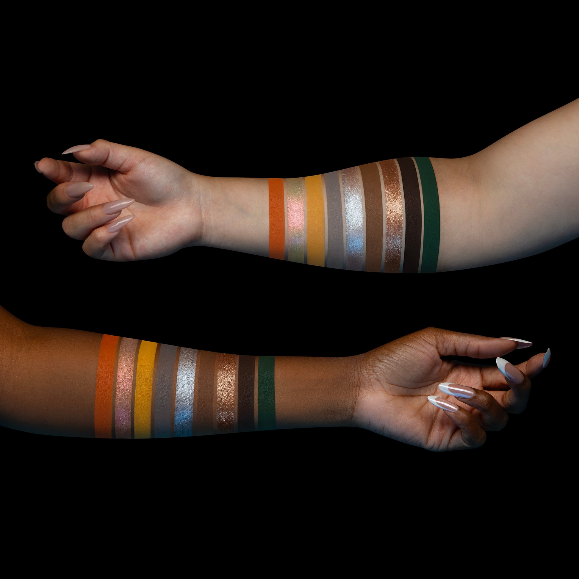 Opal Abyss warm shades swatched on two skin tones: coral orange, marigold, taupe grey, pearl, brown, bronze shimmer, and deep forest green