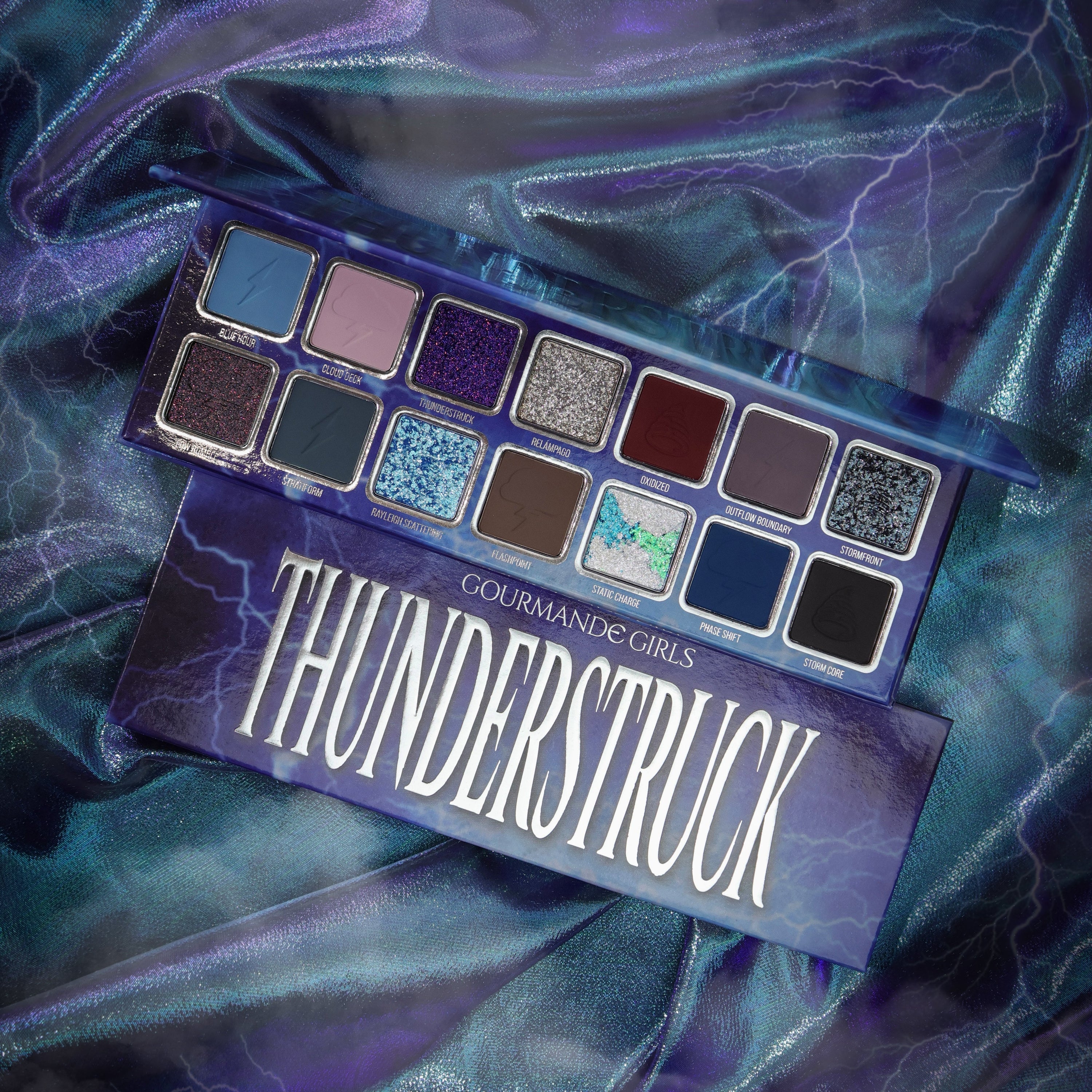 Thunderstruck palette open on iridescent blue fabric, pans labelled Blue Hour, Cloud Deck, Thunderstruck, Relampago, Oxidized, Static Charge and Storm Core