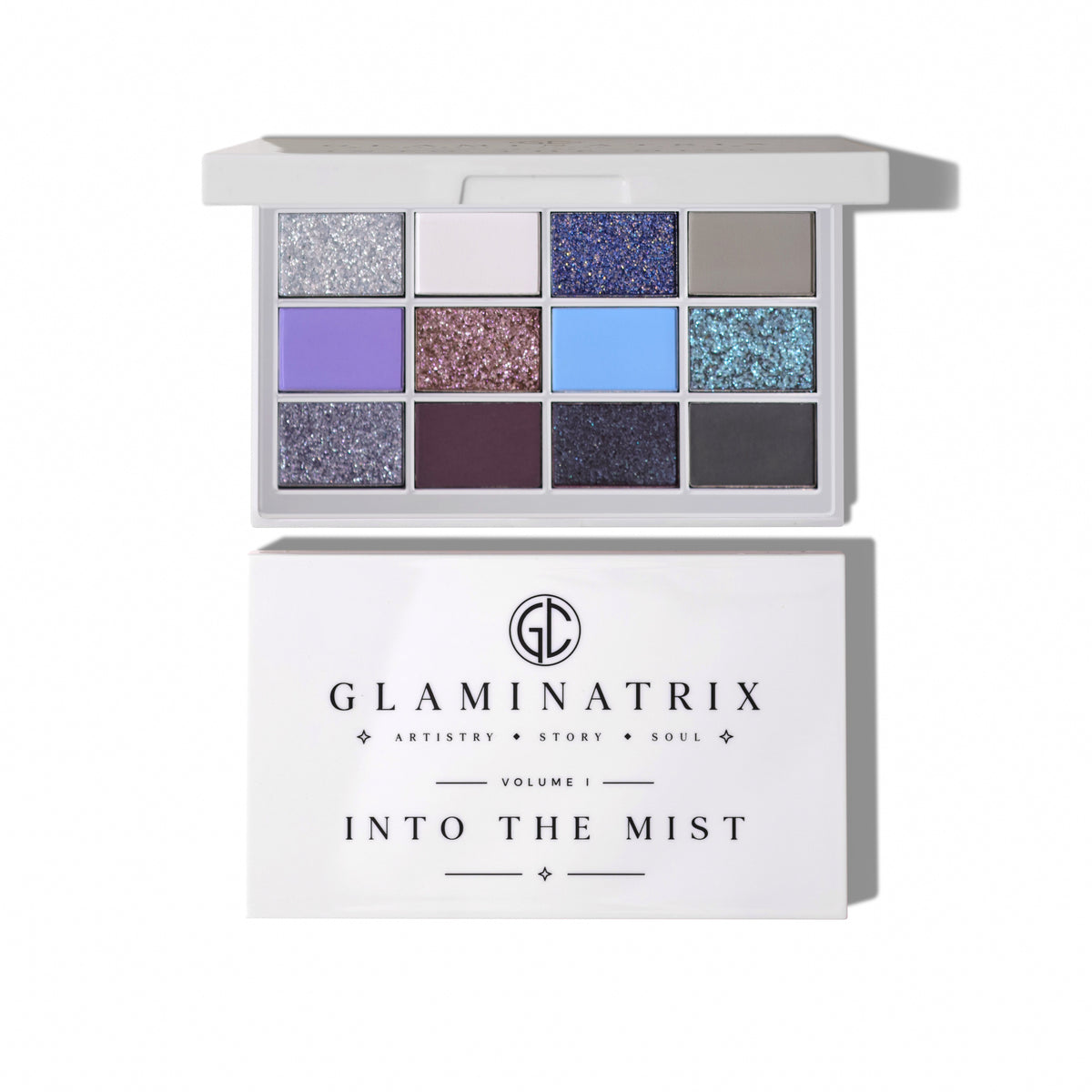 Into the Mist palette open above its white lid printed Glaminatrix, Volume I, Into the Mist, on a plain white background