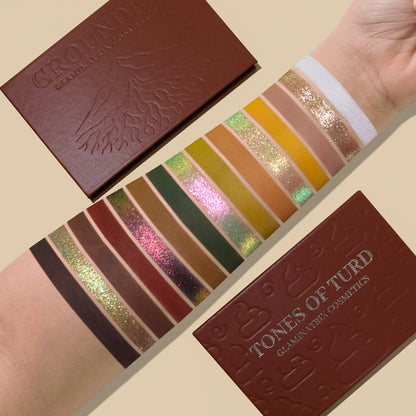 Full shade range swatched on a light skin tone beside the closed Tones of Turd and Grounded palettes, green-pink multichromes, gold metallic, and warm mattes