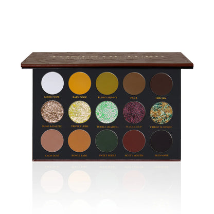 Tones of Turd palette open top-down, 15 labelled pans across three rows of mattes, multichromes, and a metallic shimmer in yellows, greens, and browns