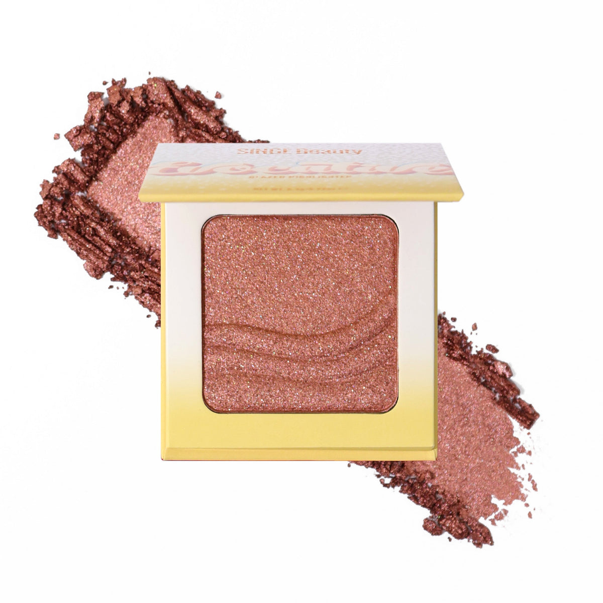 Quirky Quartz: open compact of rich bronze highlighter with a wave-embossed pan over a crushed copper-bronze swatch