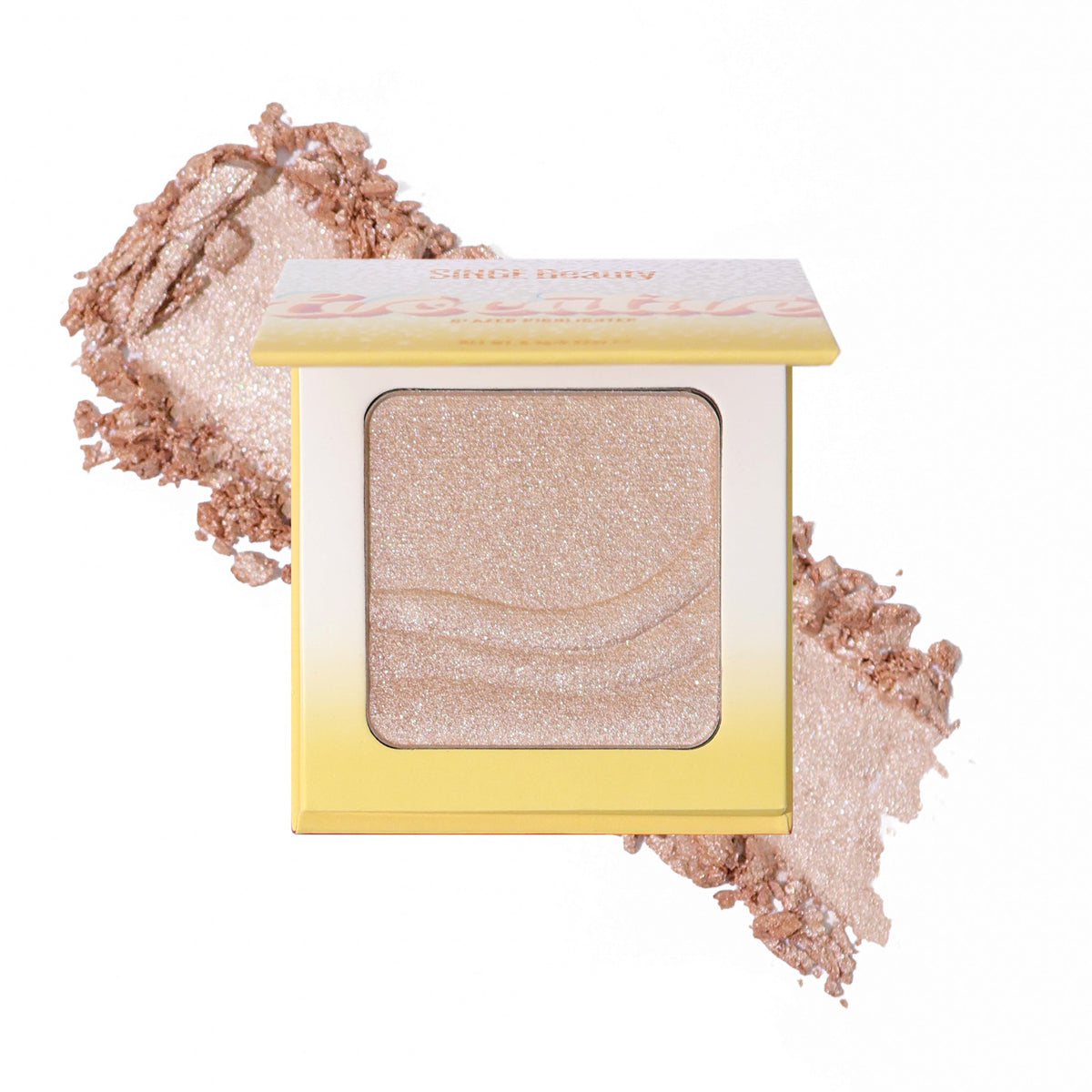 Moody Moonstone: open compact of icy champagne highlighter with a wave-embossed pan over a crushed champagne swatch