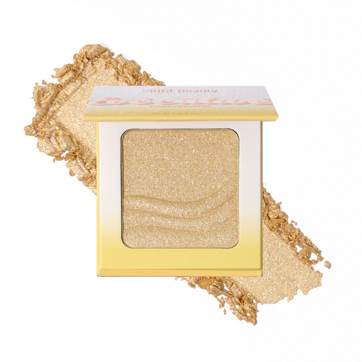 Civilized Citrine: open compact of honey vanilla highlighter with a wave-embossed pan over a crushed pale gold swatch