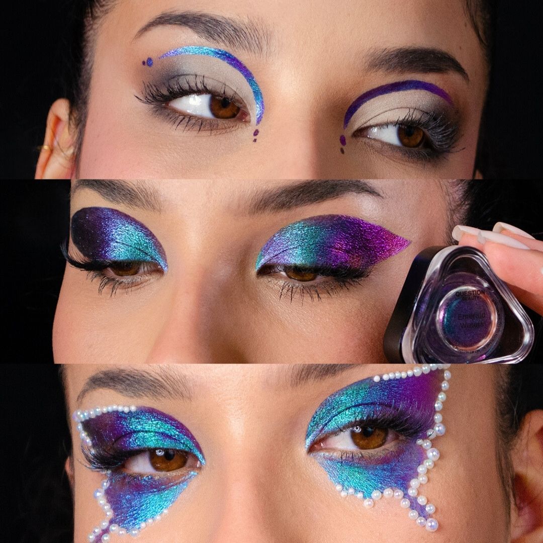 Three-panel close-up of eye looks using mixed loose pigments: purple graphic liner, teal and magenta cut crease, and a pearl-edged butterfly wing design.