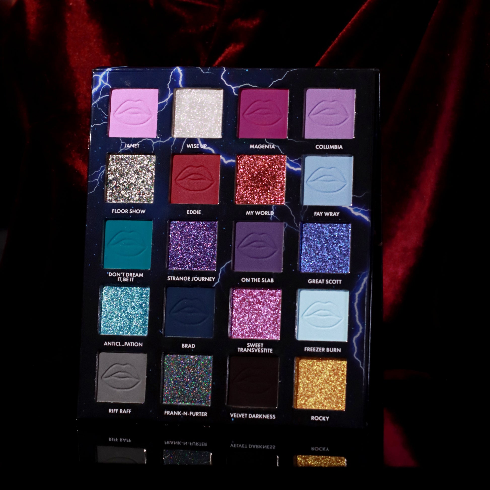 Wicked Widow Beauty Rocky Horror Show eyeshadow palette open pan shot showing all 20 shades - mattes, glitters, and multichromes named after Rocky Horror characters