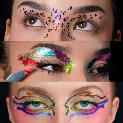 Three-panel close-up of artistic looks: orange and purple leopard print under the eyes, rainbow painted lid with brush, and rainbow graphic liner with face gems.