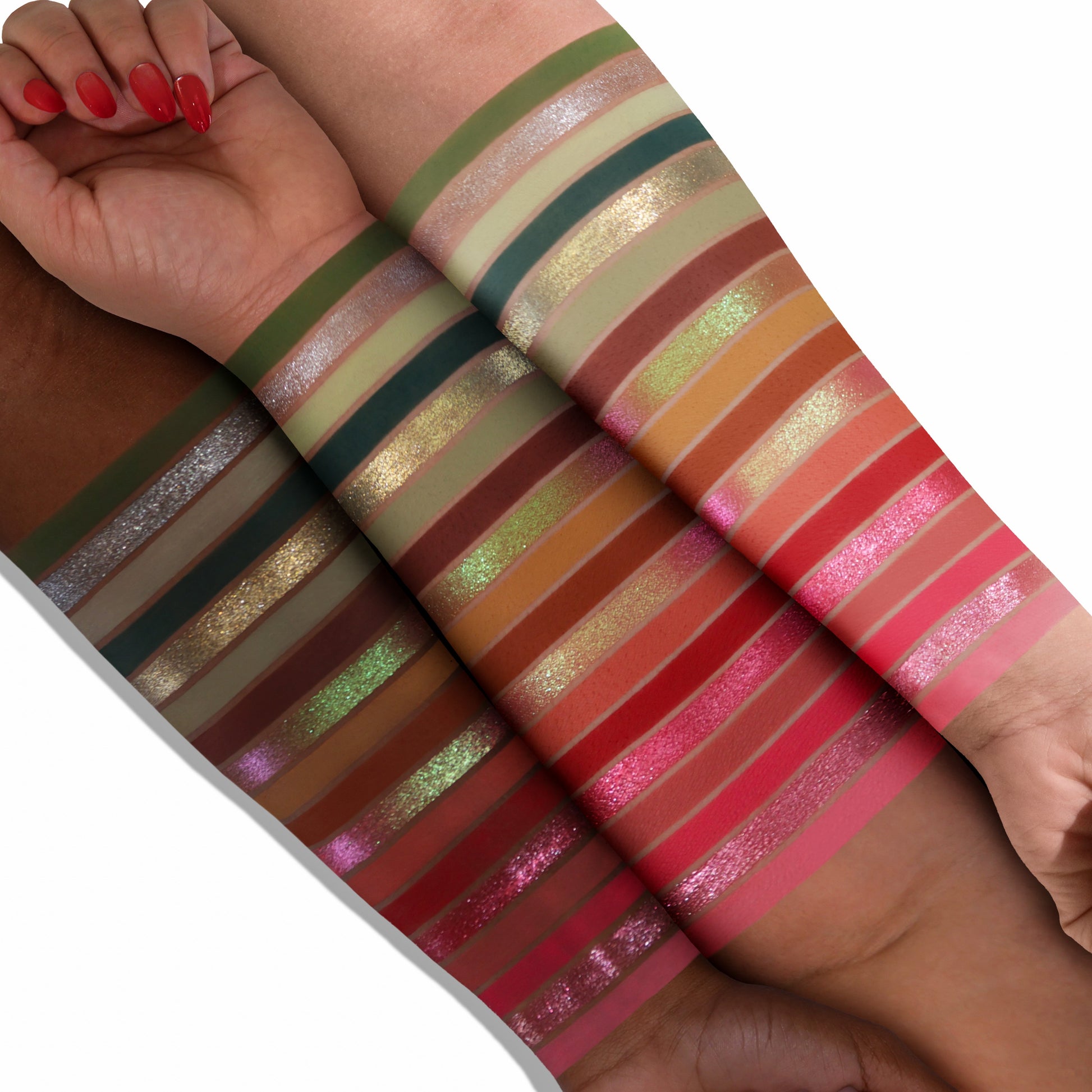 Strawberry Picnic palette swatches on three skin tones, stripes of strawberry red, pink, green, and brown with gold and pink shimmer