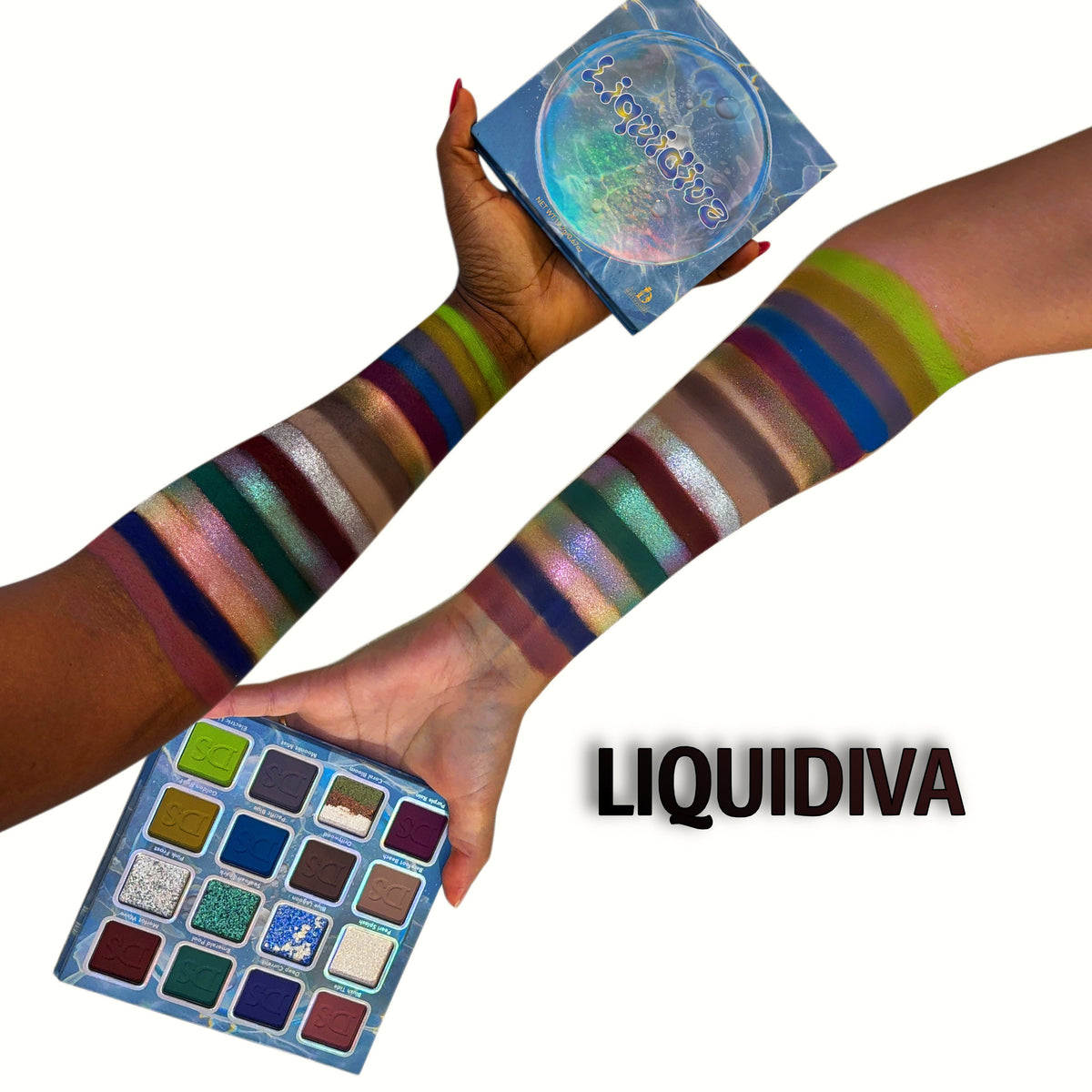 Arm swatches of all 16 Liquidiva shades on two skin tones, with the palette and lid