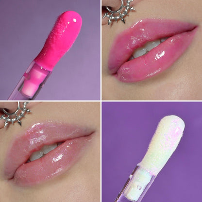 Four panel grid of doefoot applicators and lip wear for the pink Gloomy gloss shades