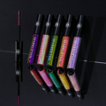 All five Sparkle Veil mascara topper tubes standing with mirror reflection