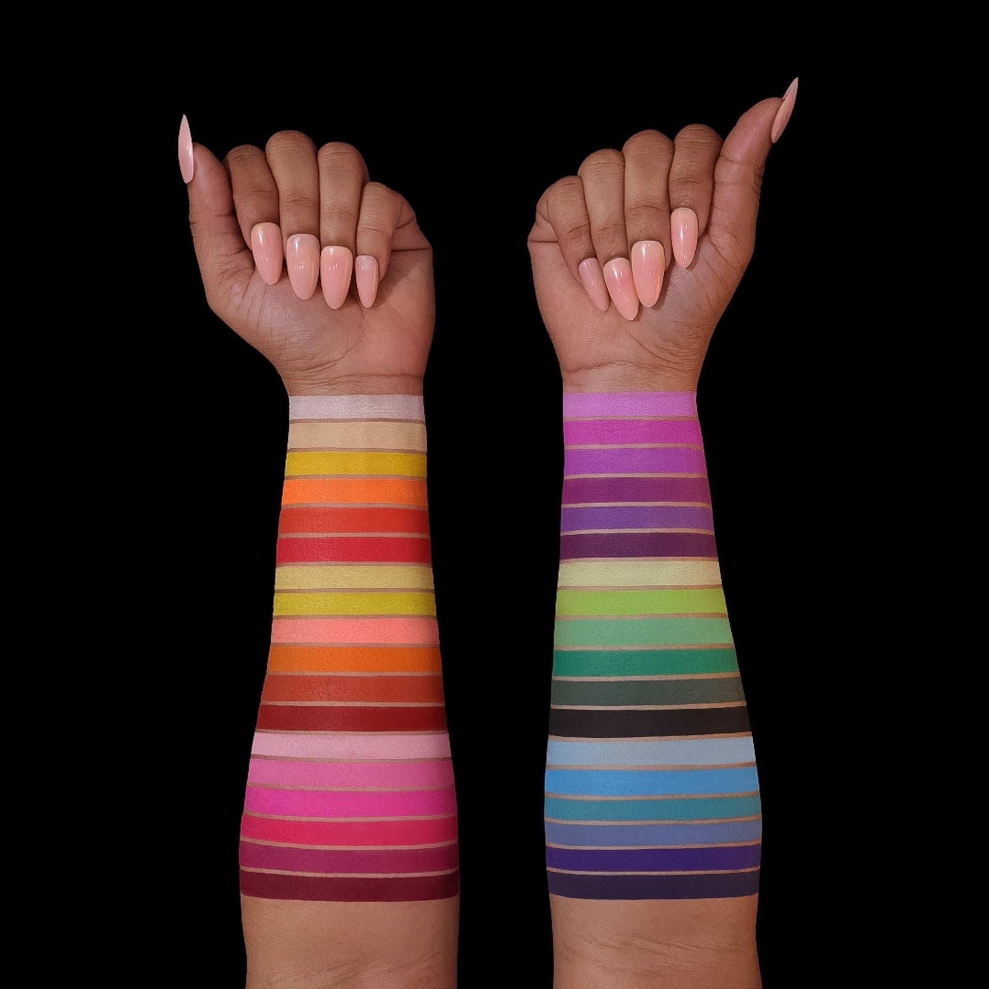 All 36 shades swatched down two forearms on light and deep skin, warm half from white to magenta, cool half from purple to blue