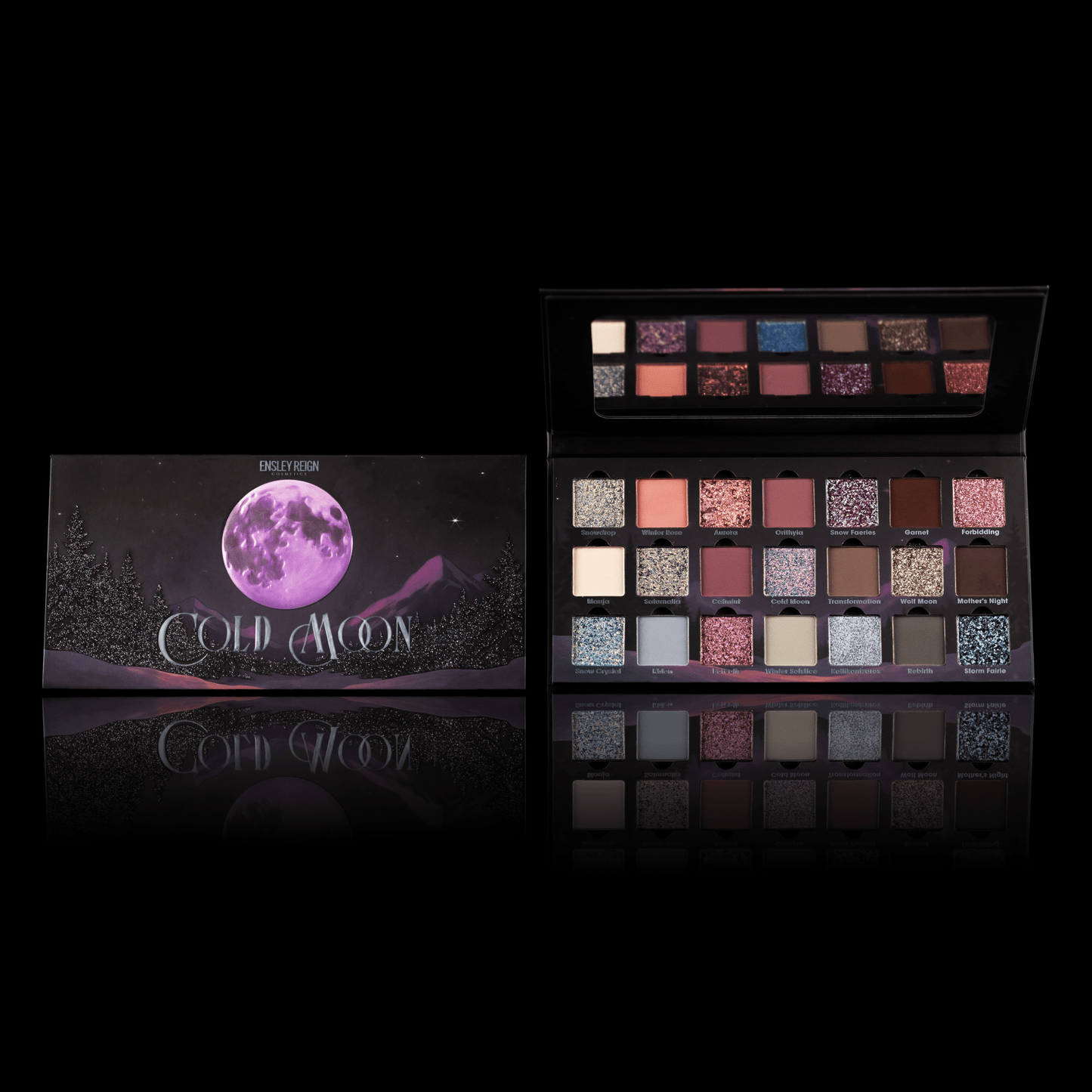 Ensley Reign Cold Moon palette - closed box with purple moon winter artwork alongside open palette showing 21 shades, on black background