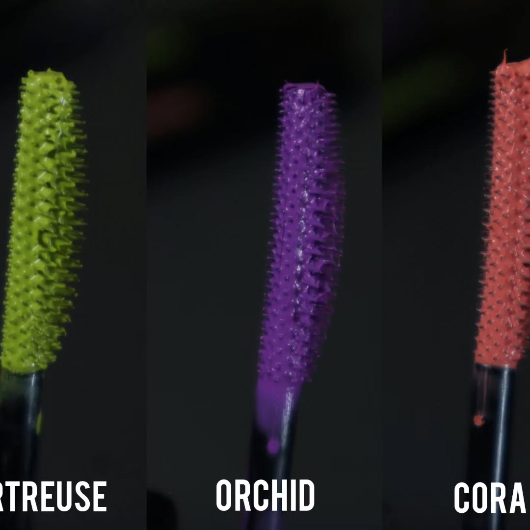 A three-panel close-up of the loaded wands, labelled Chartreuse, Orchid and Coral.