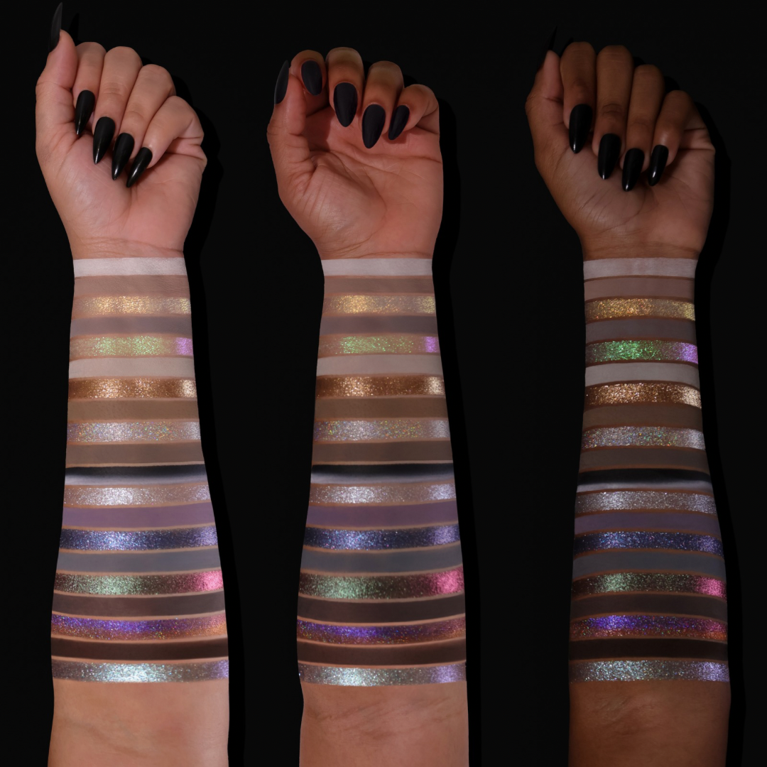 BellaBeauteBar Yin & Yang x Freya86_ff palette swatches on three skin tones — duochrome, glitter, and matte shades in gold, purple, blue, and green