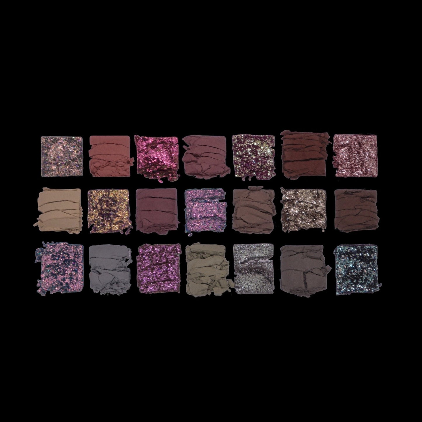 Cold Moon - 21 shades in a flat grid on black background: sparkly pinks and multichromes in rows 1-2, darkening to taupes and teal sparkles in row 3