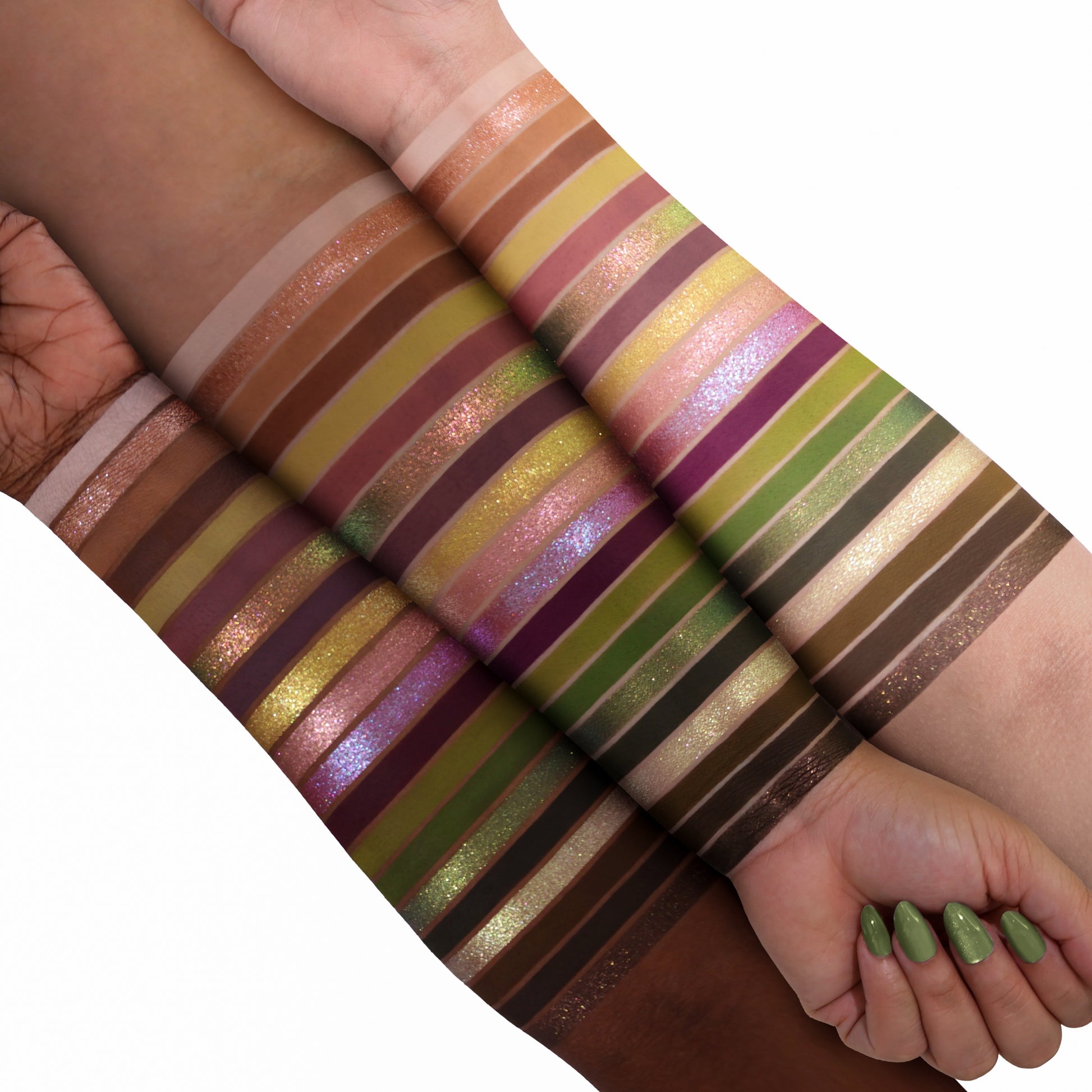 All 20 Huldra shades swatched on three skin tones: peachy nudes, olive yellows, mauve and lavender shimmers, forest greens, plums, and warm browns