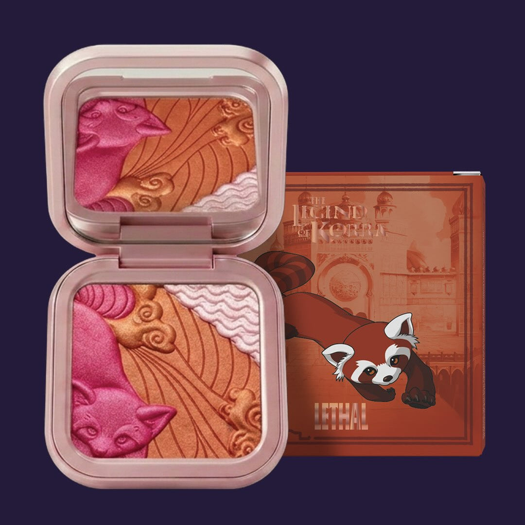 Lethal Pabu blushlighter open beside its box on a dark navy backdrop, pan embossed with a pink Pabu figure, coppery orange clouds and a pearl wave