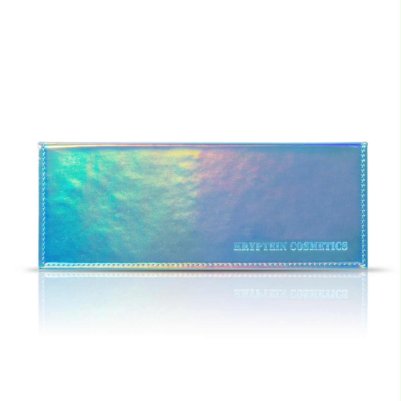 Tropical Mirage palette closed on plain white, holographic cover shifting green, gold, pink and blue with Kryptein Cosmetics embossed in the corner