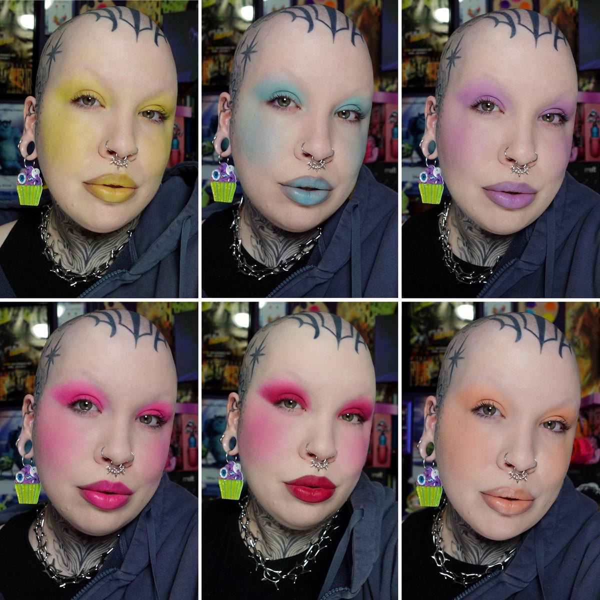 A six-panel grid, one face per shade, each worn on the lids and lips: chartreuse, teal, purple, pink, red and orange.