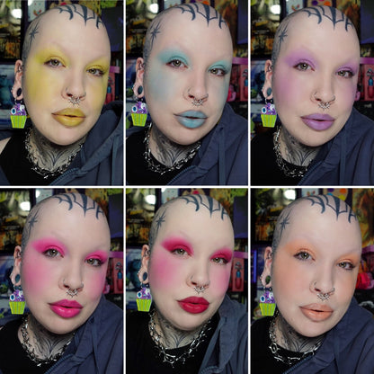 A six-panel grid, one face per shade, each worn on the lids and lips: chartreuse, teal, purple, pink, red and orange.