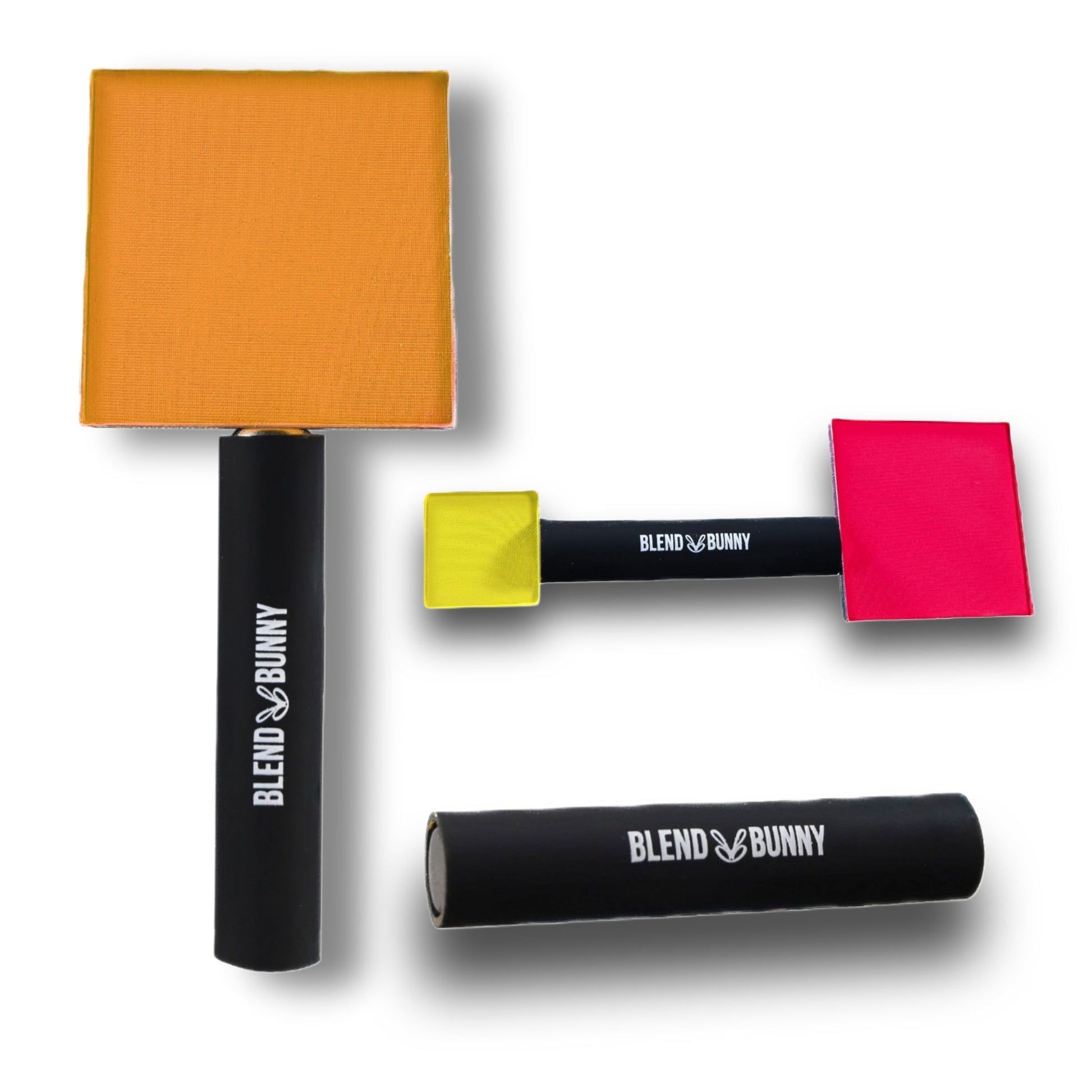 Blend Bunny magnet tool for palettes, black double-ended wands branded Blend Bunny lifting square magnetic pans in orange, yellow, and red.