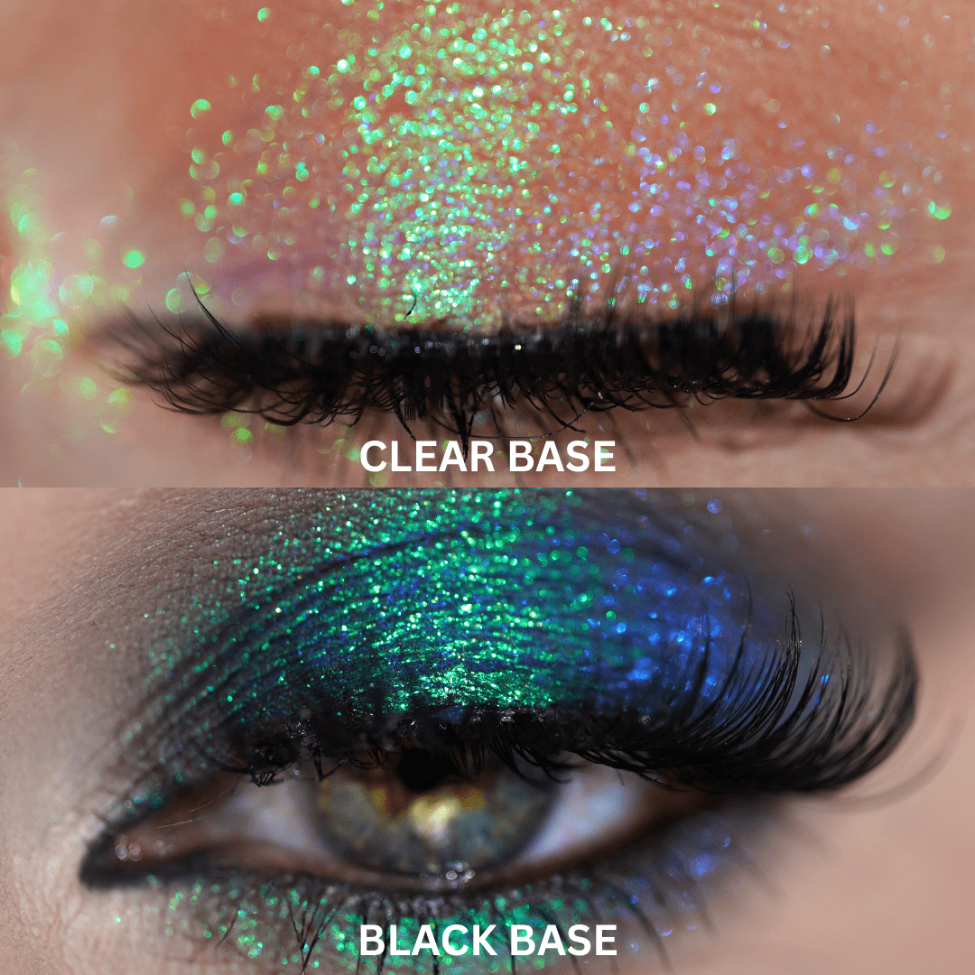 Eyelid swatch comparison of a green multichrome pigment over a clear base versus a vivid green to blue shift over black primer.