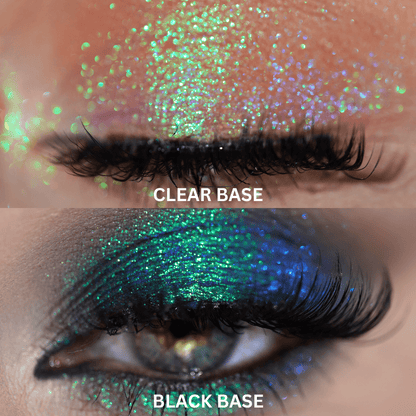 Eyelid swatch comparison of a green multichrome pigment over a clear base versus a vivid green to blue shift over black primer.
