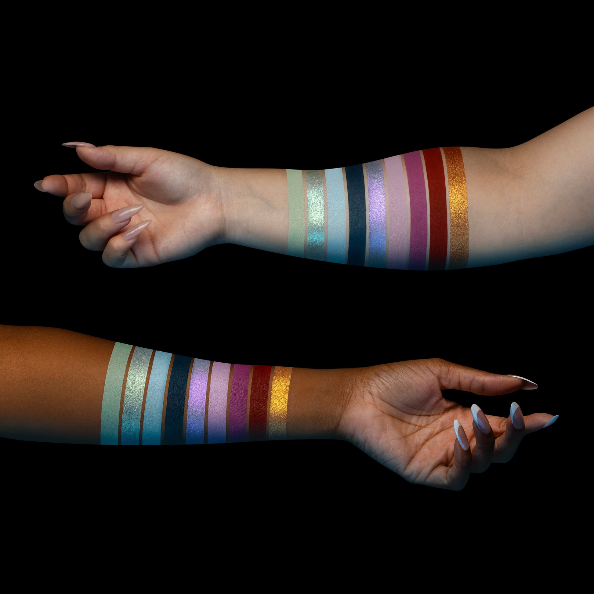 Opal Abyss cool shades swatched on two skin tones: seafoam, aqua duochrome, sky blue, navy, lavender shimmer, mauve, pink, rust, and gold