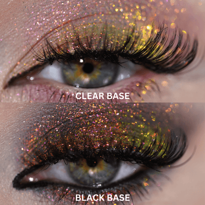 Eyelid swatch comparison of a gold and pink multichrome over a clear base versus a deeper bronze, pink and green shift over black primer.